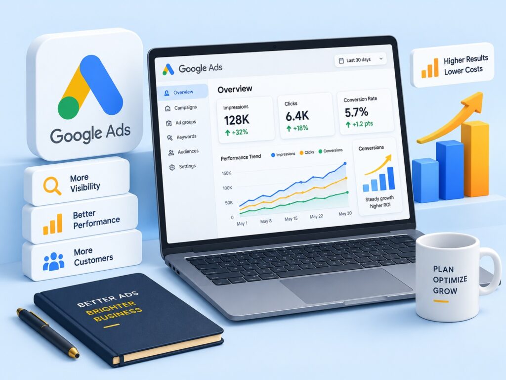 Google Ads management dashboard showing campaign performance, clicks, impressions, and conversion metrics