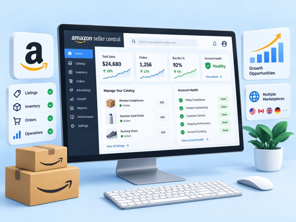 Amazon Seller Central dashboard showing account health, listings, inventory, orders, and marketplace performance