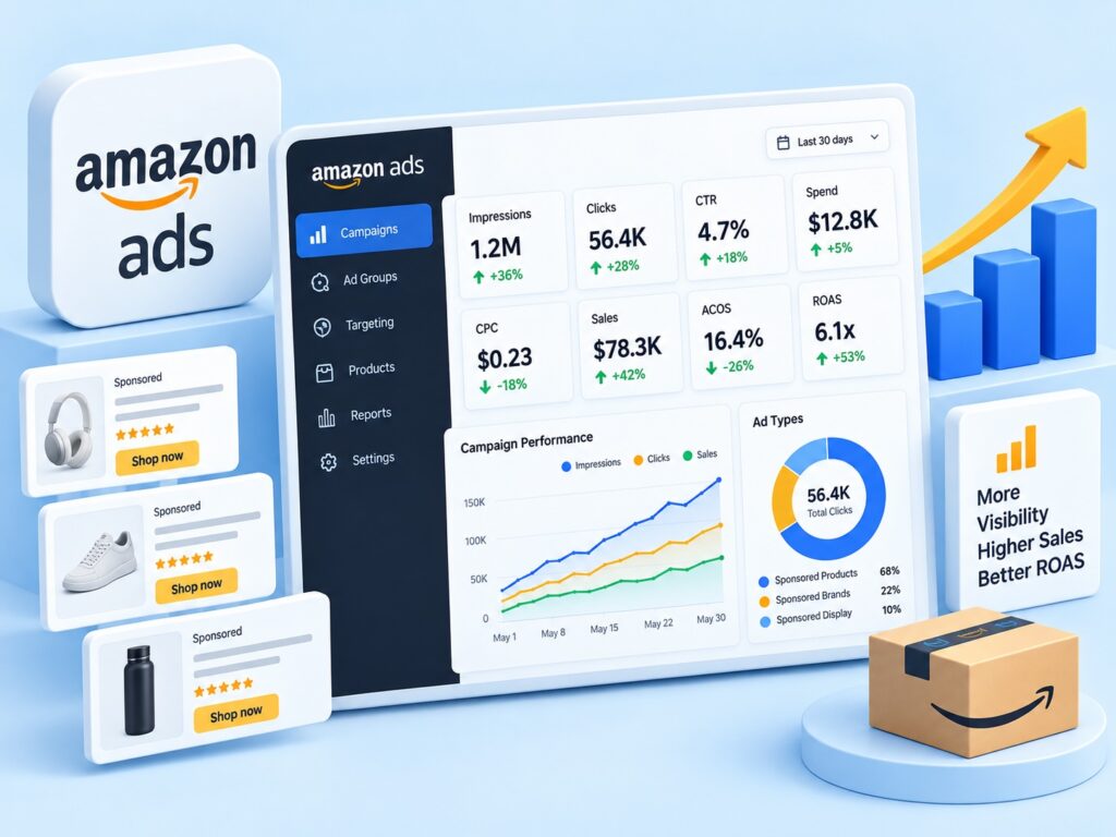 Amazon Ads dashboard showing campaign performance, impressions, clicks, sales, ACoS, and ROAS