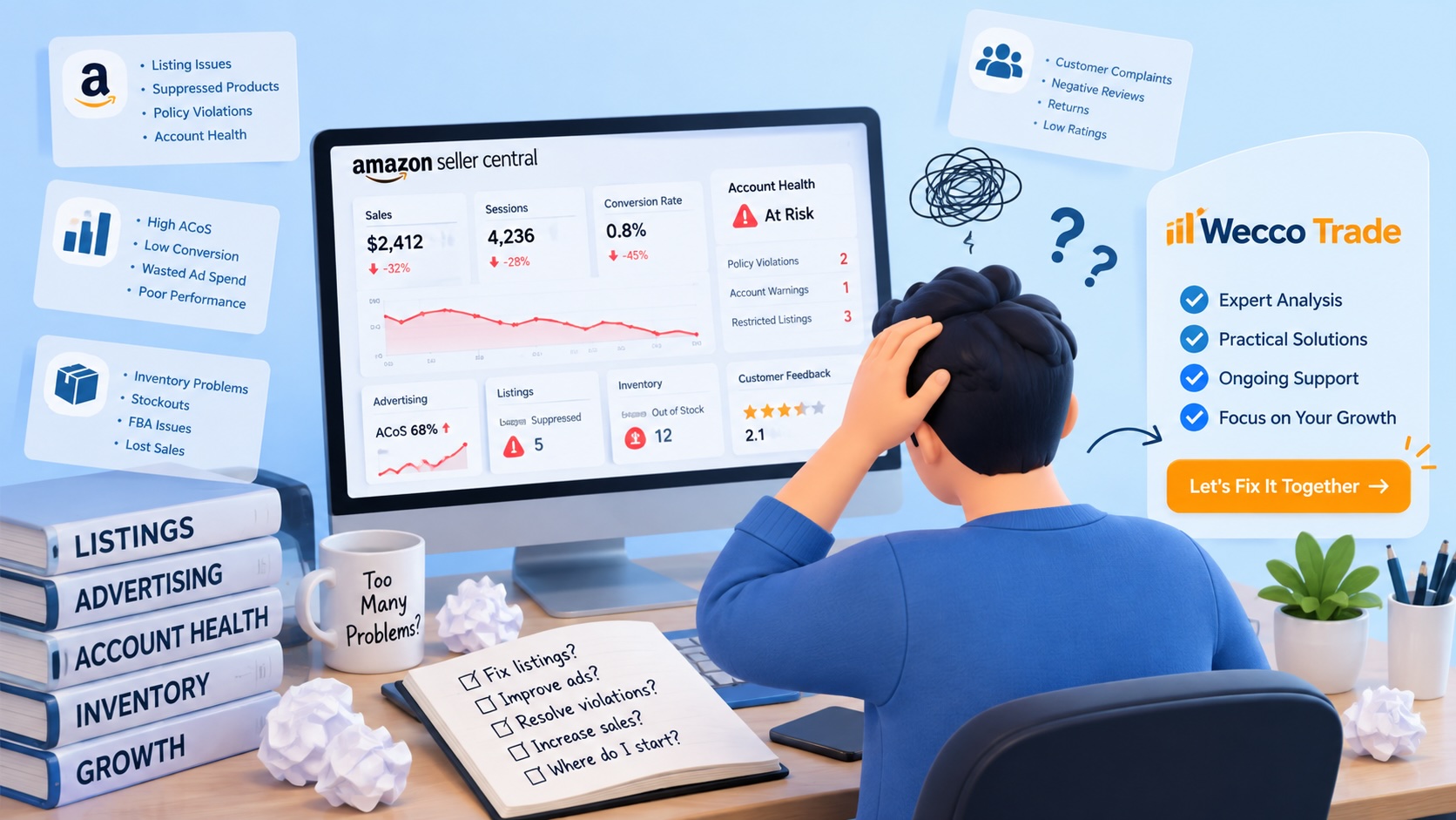 Amazon seller facing account, advertising, inventory, and listing problems with Wecco Trade support as the solution