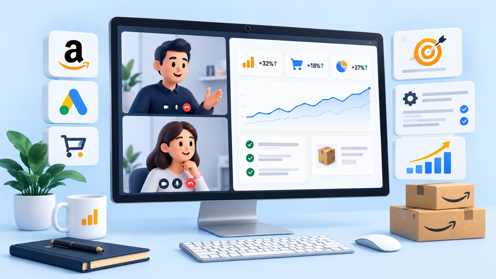E-commerce consulting growth dashboard illustration for Amazon and online business support